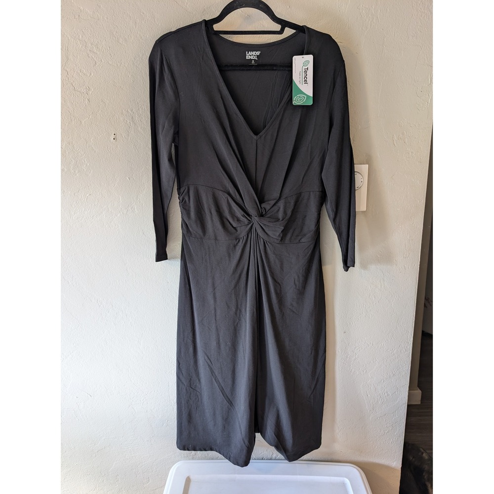 Lands End Womens M Black Twist Front Dress V Neck Stretch Modal 2/4 Sleeve NWT
